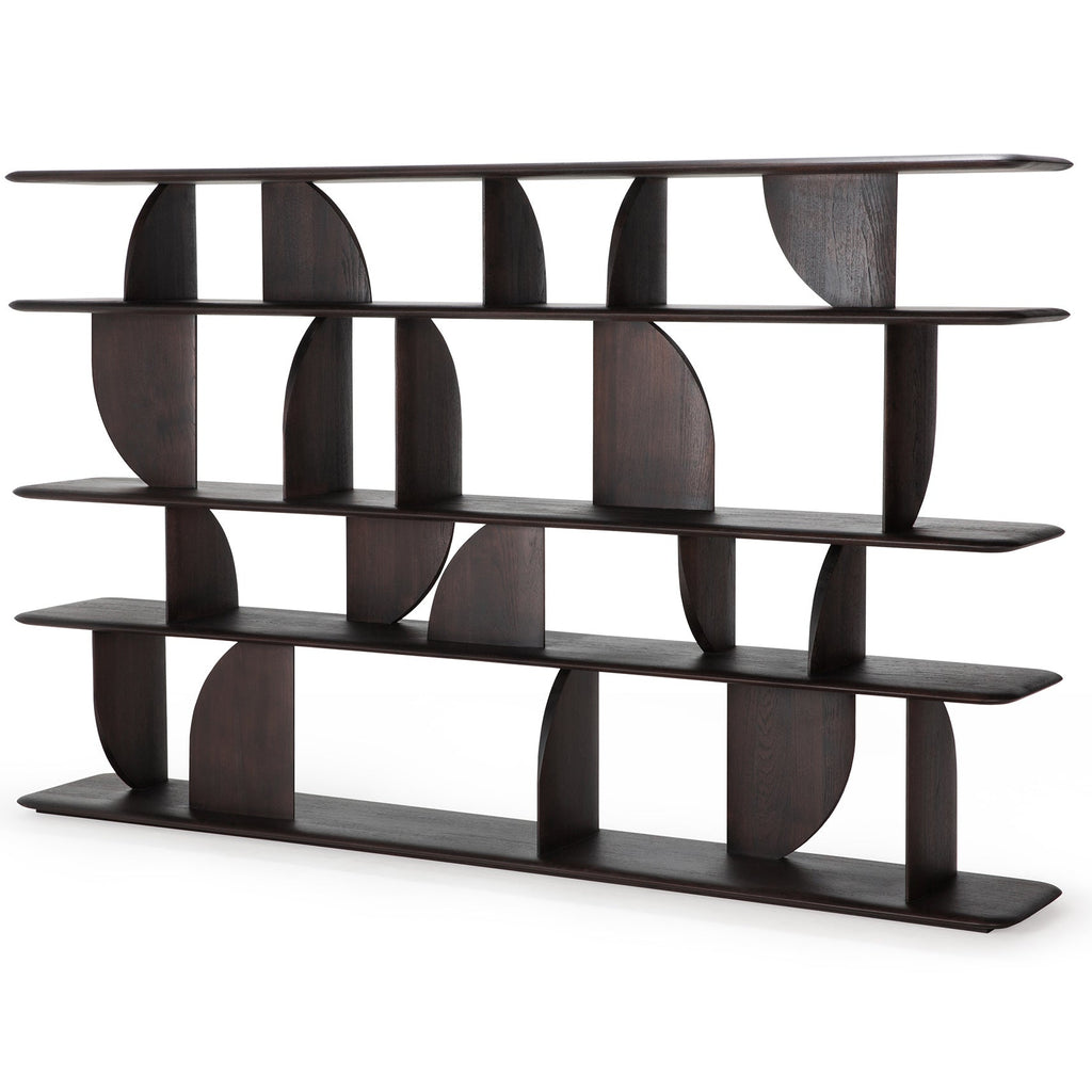 Ethnicraft Teak Geometric Dark brown shelf with curved design on a white background