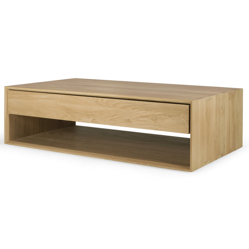 Ethnicraft Oak Nordic coffee table with a drawer on a white background