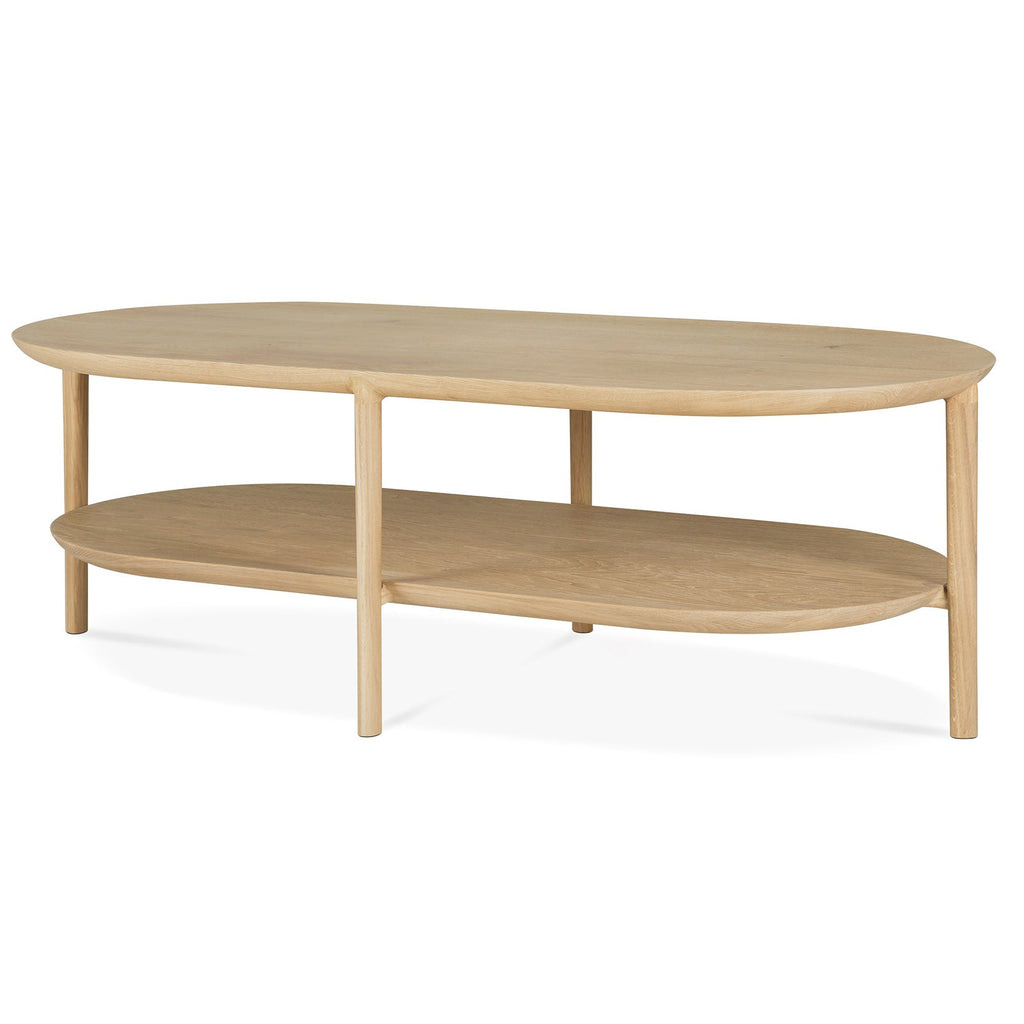 Oak coffee table with two levels on a white background
